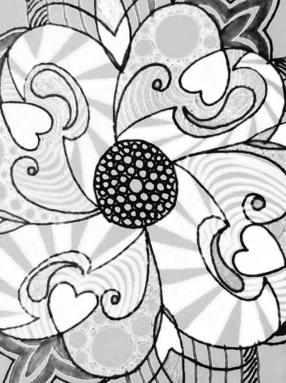 Hand-drawn interlocking forms and hearts